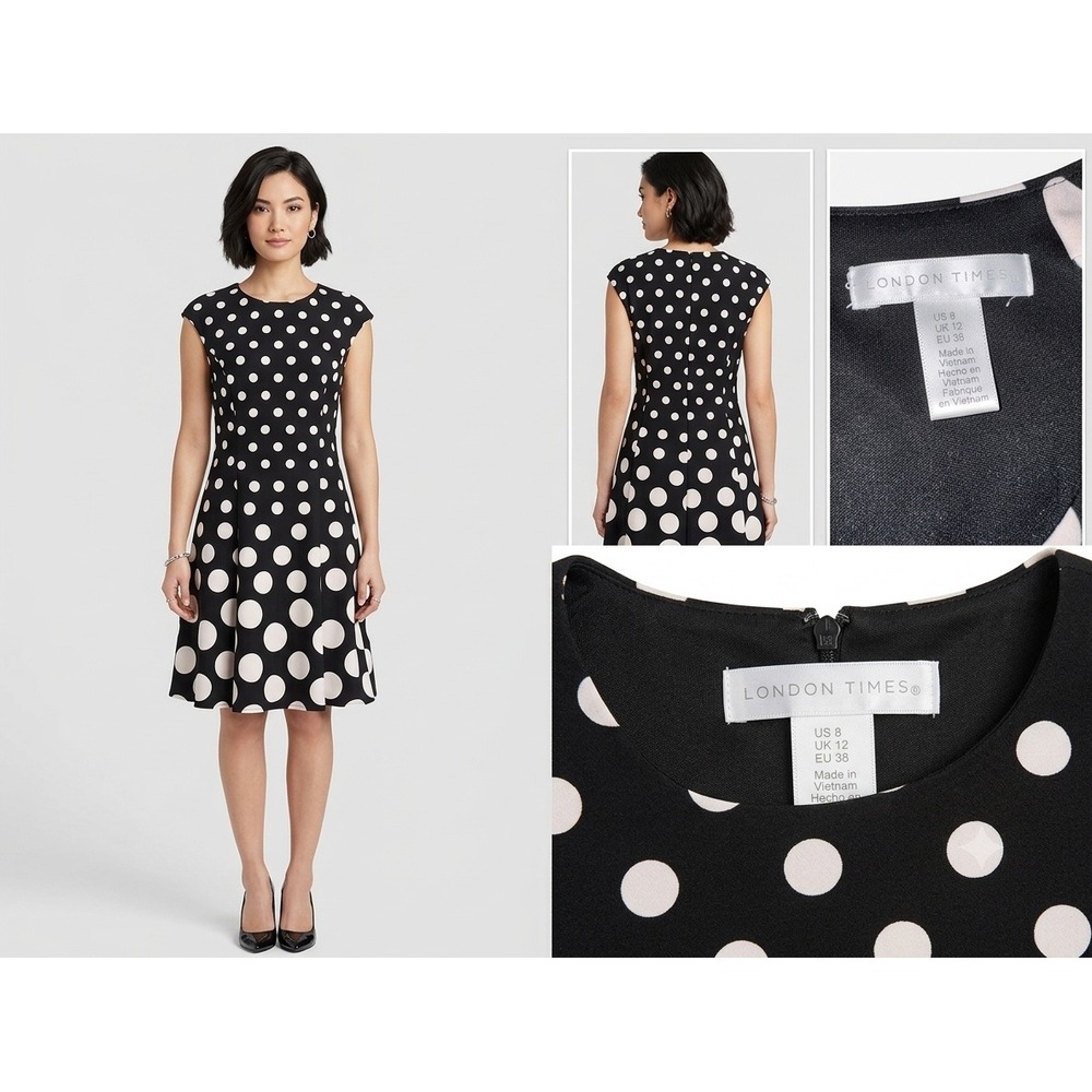 London Times Womens Polka Dot Fit and Flare‎ Dress Black Pink Size 8 Sleeveless